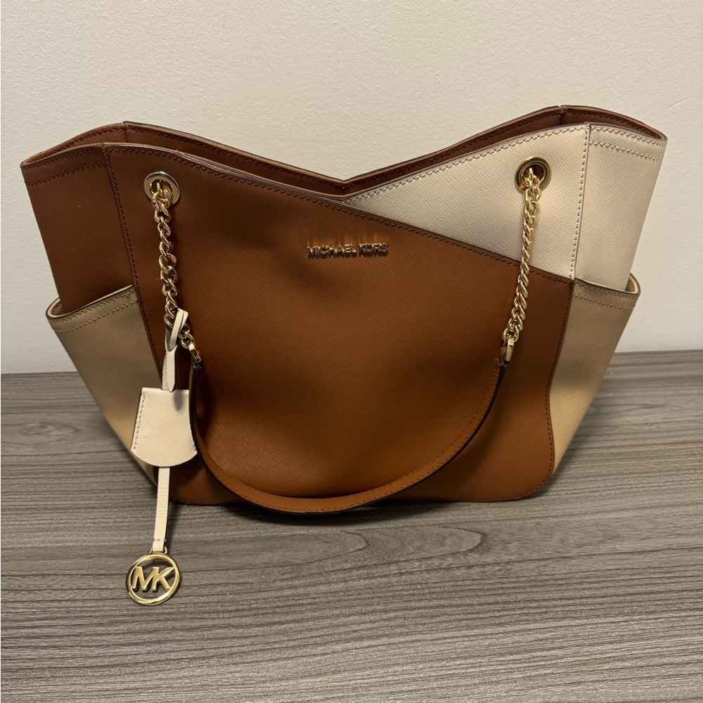 Michael Kors Brown and Cream Shoulder Bag with Gold Hardware
